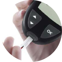 A purple syringe, person running, hand holding apple, connected by a dashed circle, symbolizes health and wellness activities.